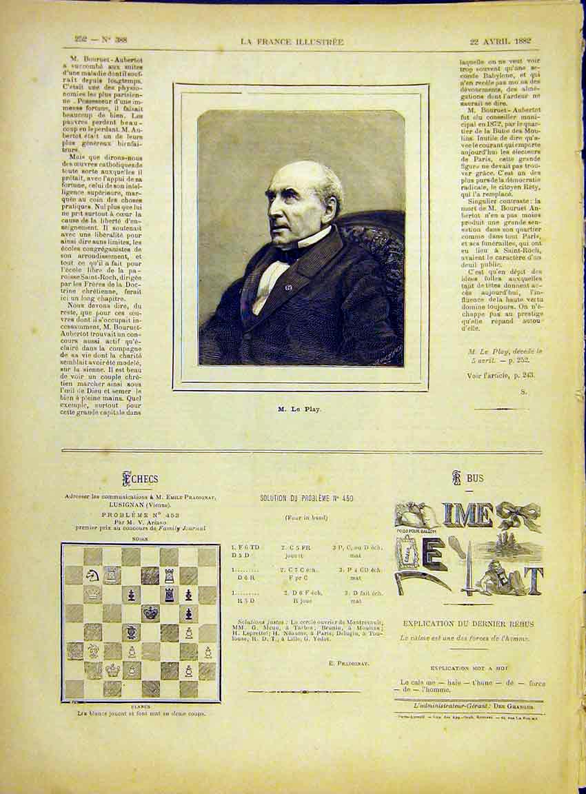Original Old Antique Print Portrait Le-Play French 1882 19th Century