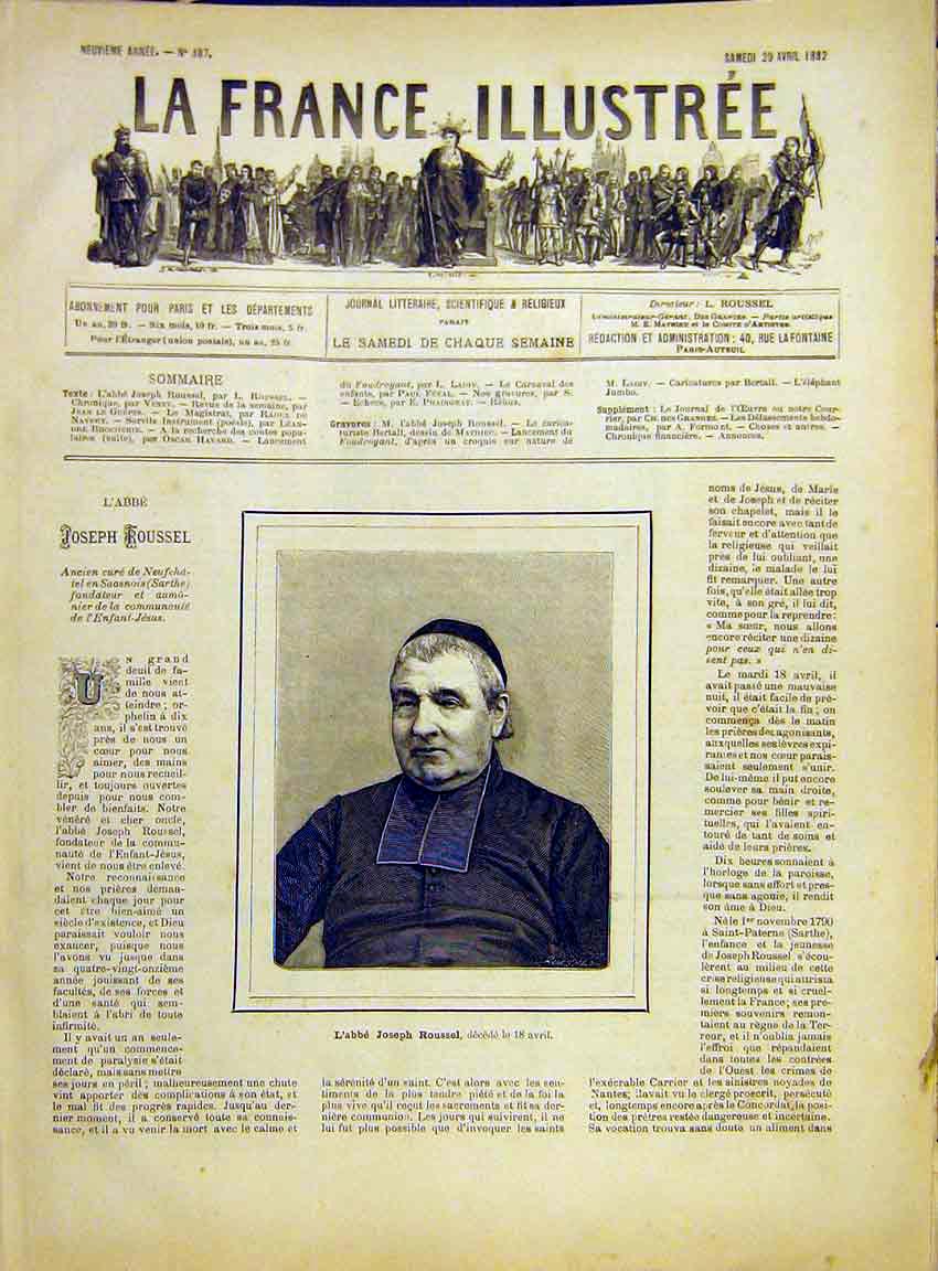 Original Old Antique Print Portrait Abbot Rousel Religious French 1882 Victorian