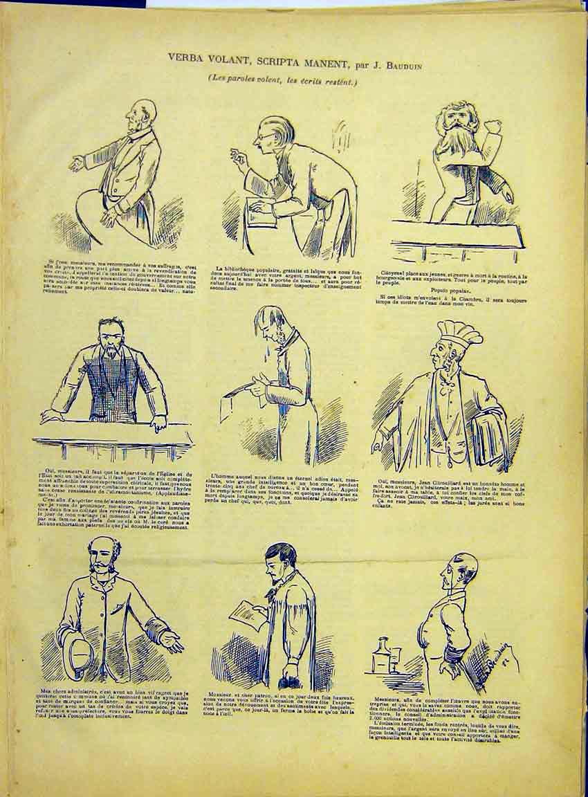Original Old Antique Print Sketches Bauduin Court Library Speech French 1882