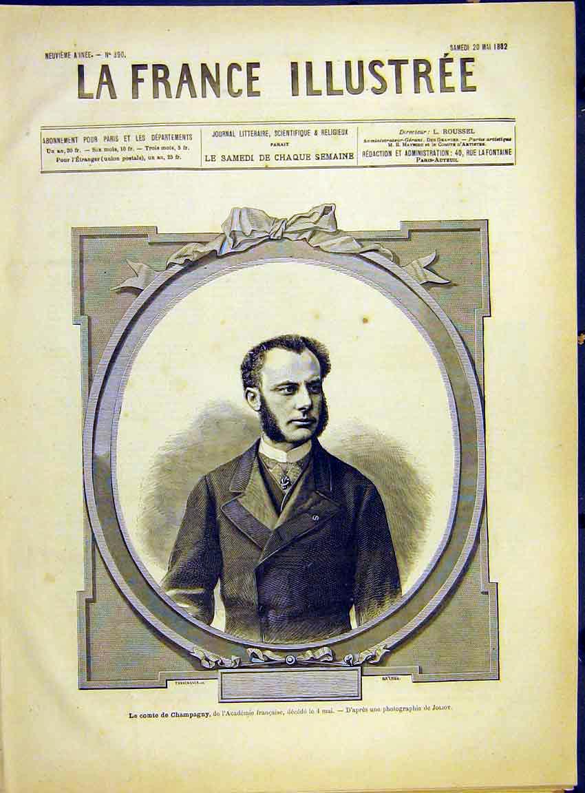 Original Old Antique Print Portrait Champagny French Academy 1882 19th
