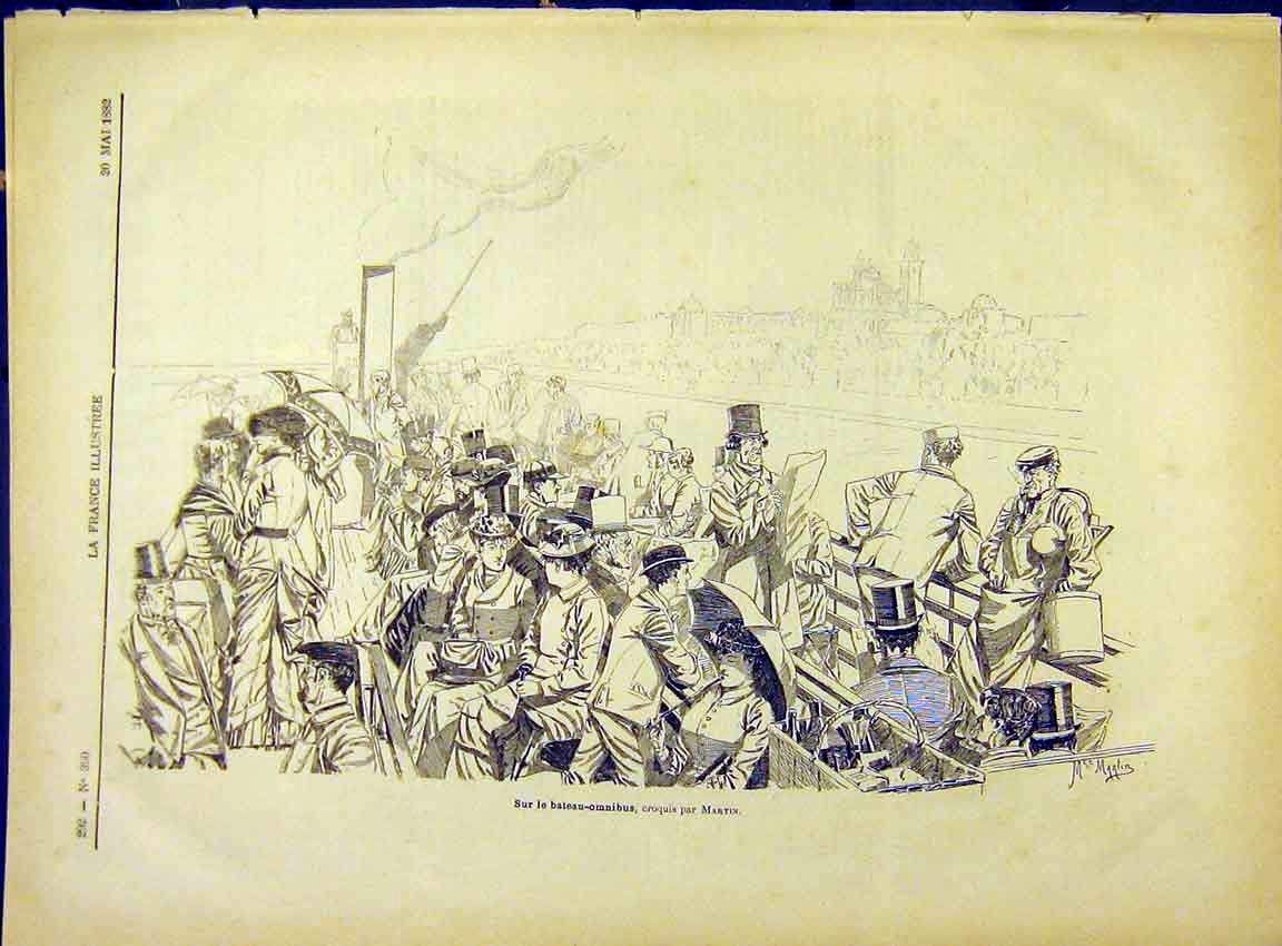 Original Old Antique Print Omnibus Boat Ferry Martin French 1882 19th