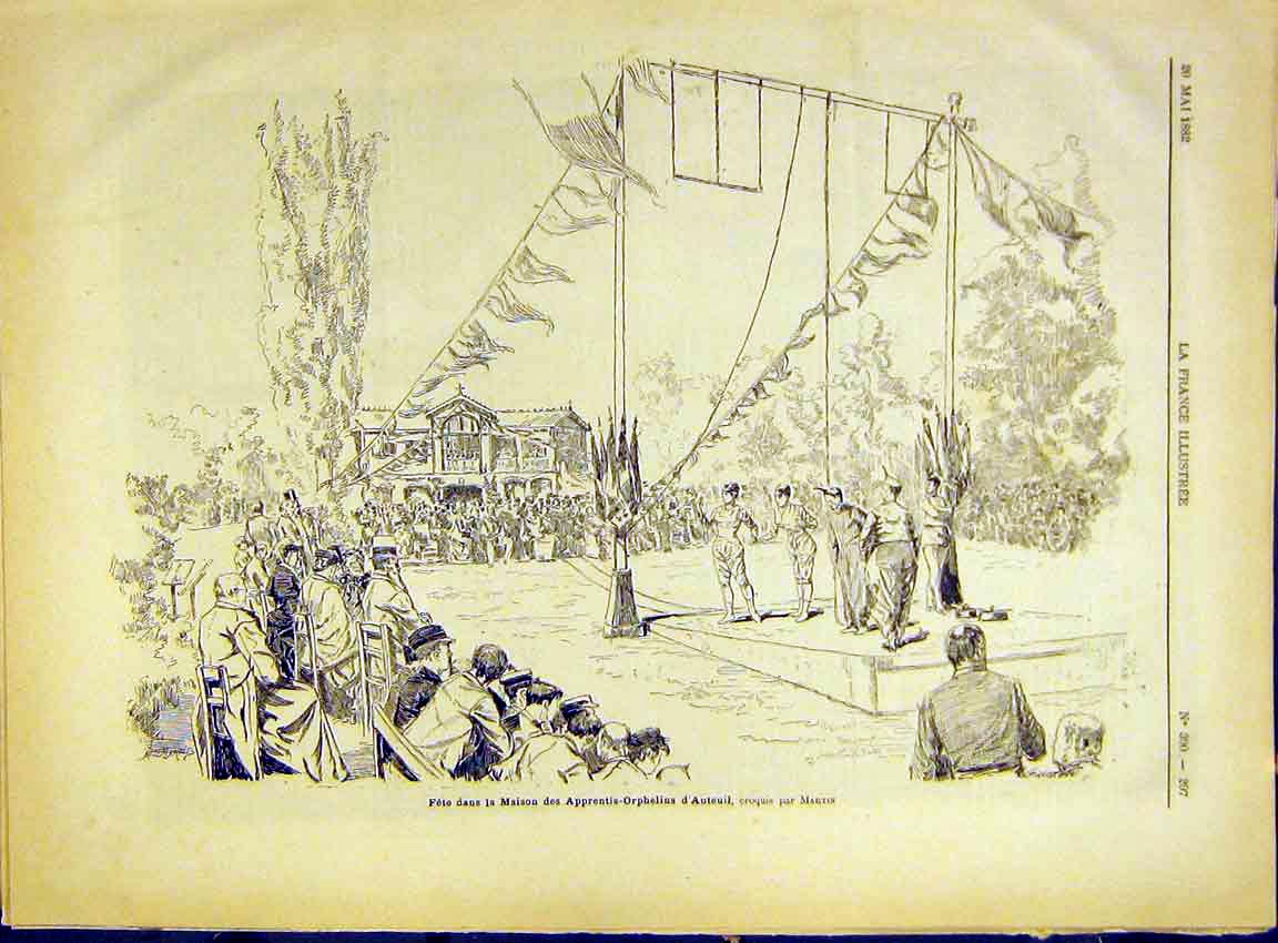 Original Old Antique Print Fete Apprentice Orphans Auteuil French 1882 Victorian