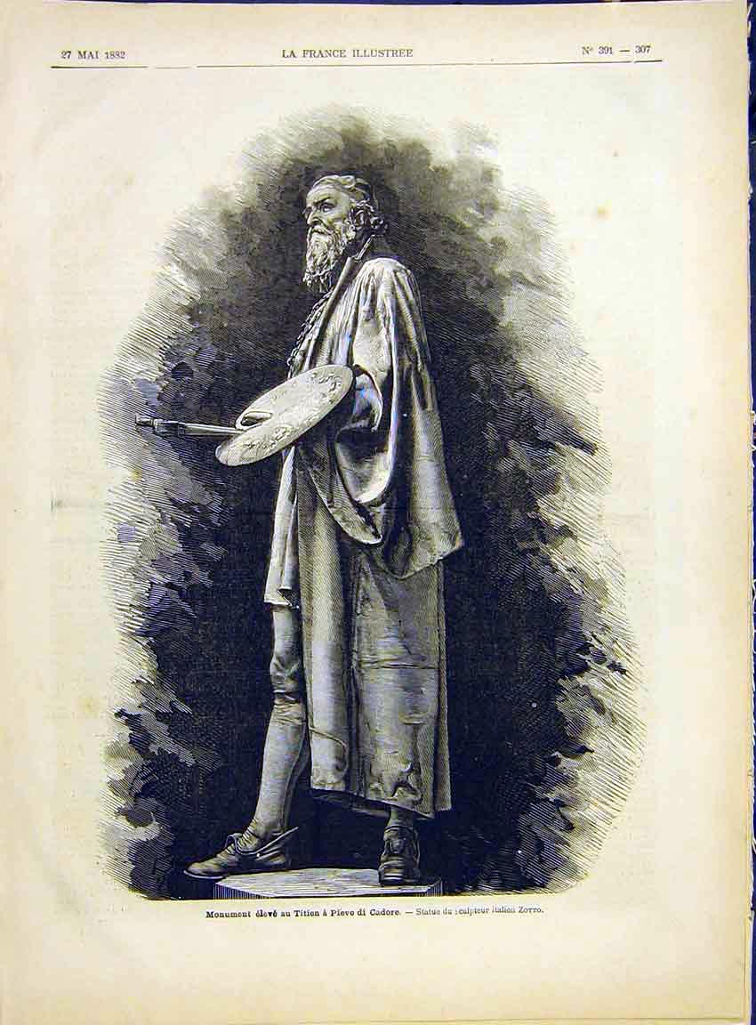 Original Old Antique Print Artist Portrait Titien Cadore Zotto Statue 1882 19th