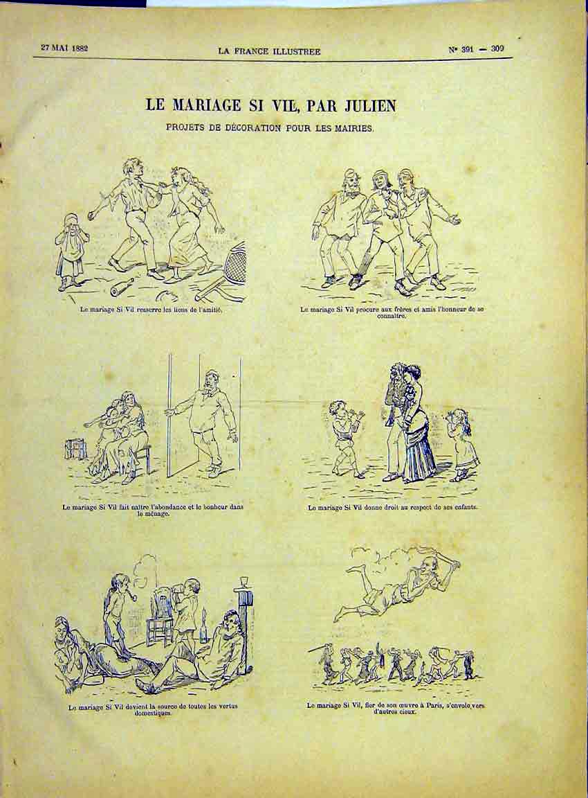 Original Old Antique Print Marriage Julien Sketches Si-Vil Paris French 1882