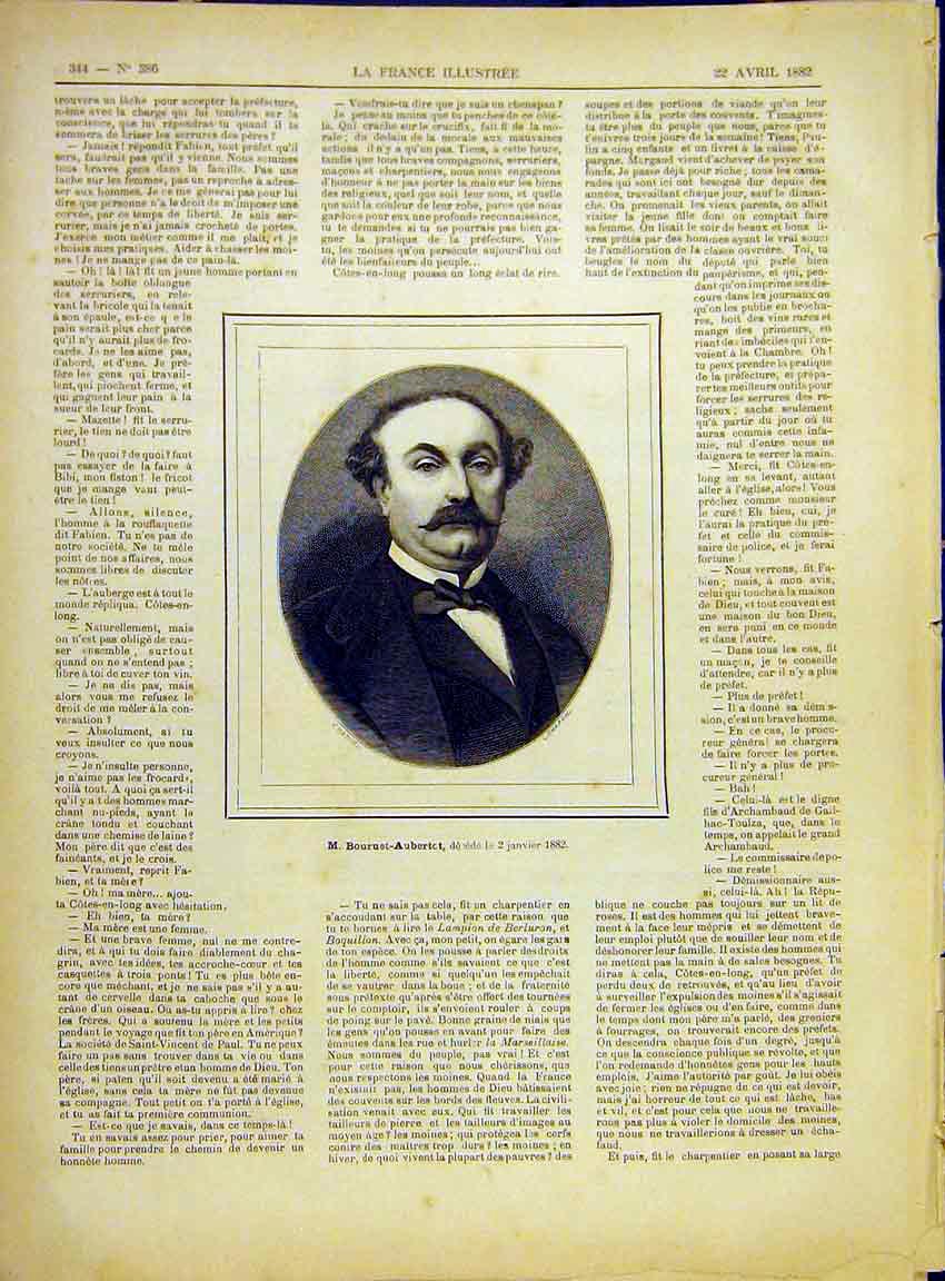 Original Old Antique Print Portrait Boureuet-Aubertot French 1882 19th