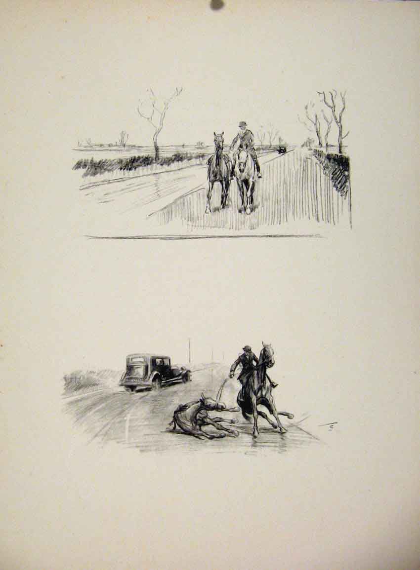 Original Old Antique Print Leicetershire Roads Drawing By Lionel Edwards