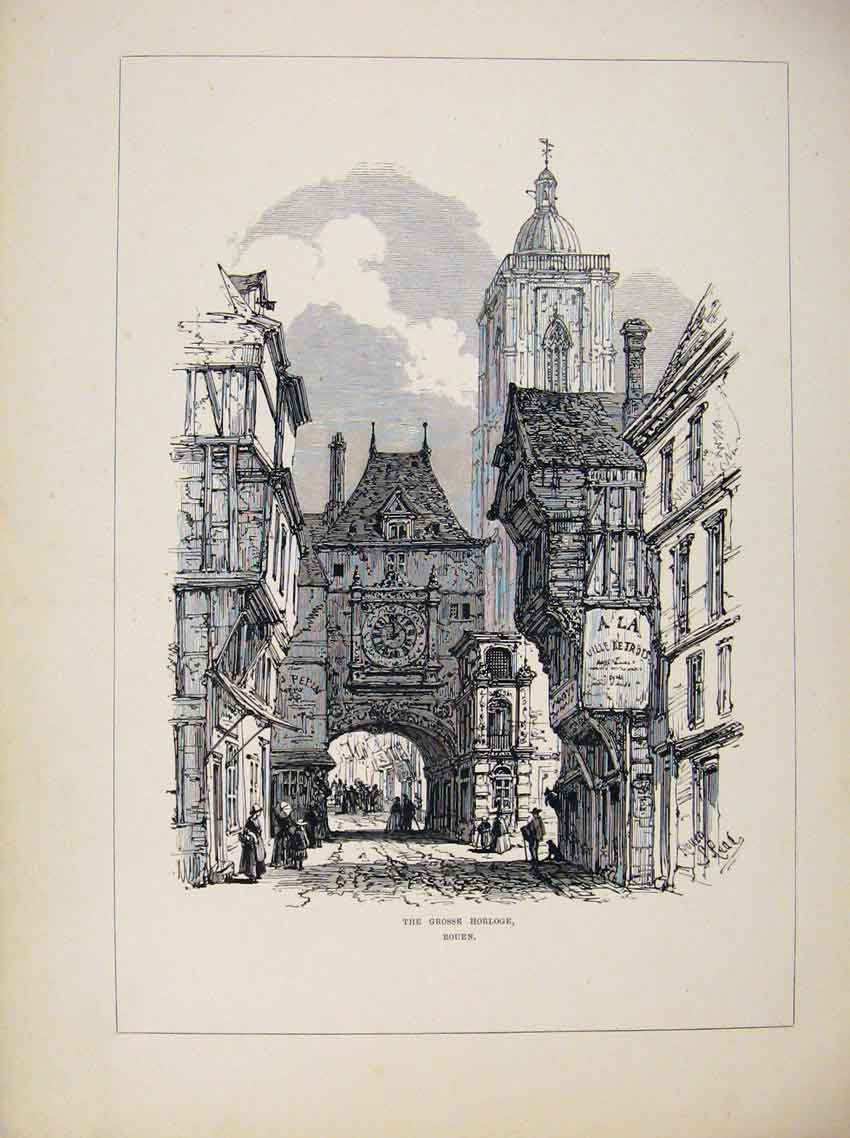 Original Old Antique Print The Grosse Horloge Bouen C1875 Sketch 19th