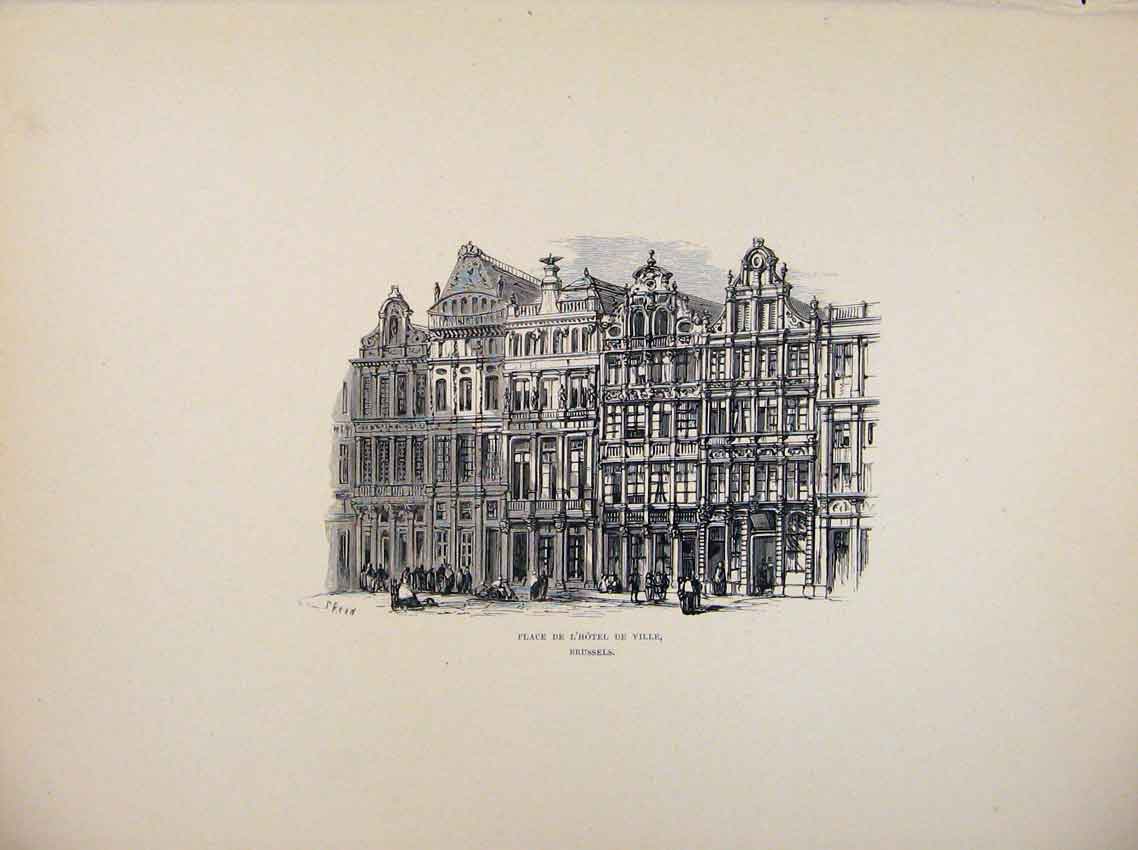 Original Old Antique Print Place De Lhoetel De Ville Brussles C1875 Sketch 19th