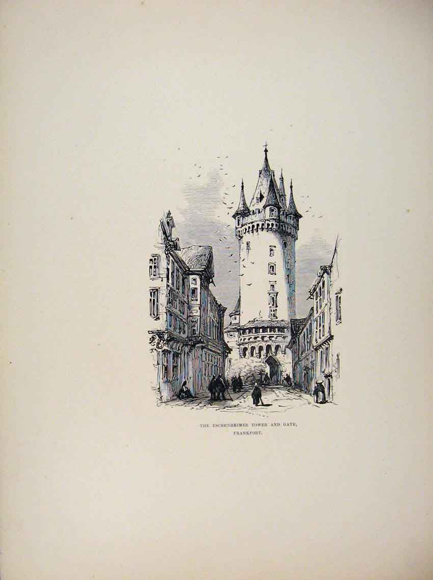Original Old Antique Print Germany C1875 Eschenheimer Tower Gate Frankfort 19th