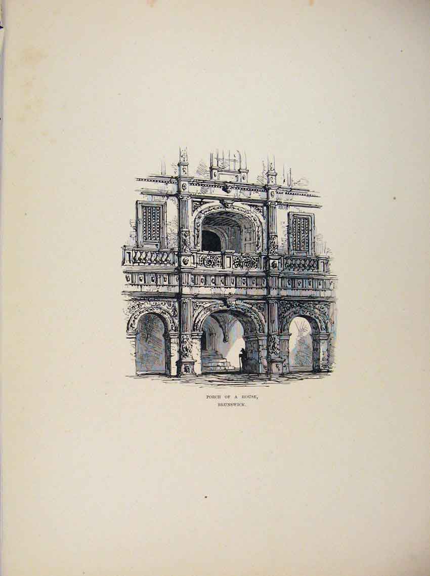 Original Old Antique Print Brunswick Germany C1875 Proce A House Sketch Art 19th