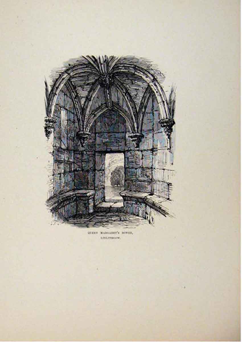 Original Old Antique Print Queen Margarets Bower Linlithgow Sketch C1875 19th