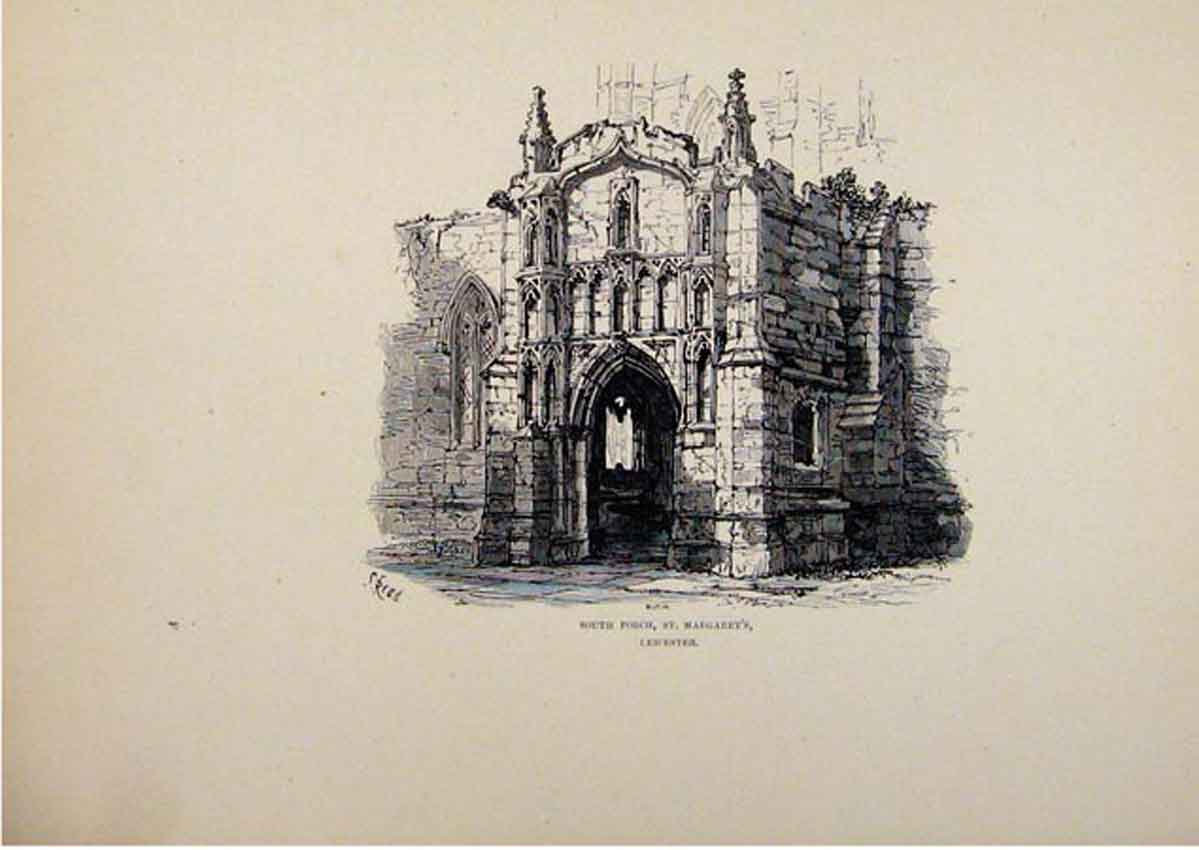 Old Antique Print Sketch C1875 England Leicester South Porch St Margarets 19th