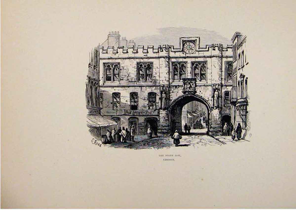 Original Old Antique Print C1875 Sketch Stone Bow Lincoln England Art Victorian