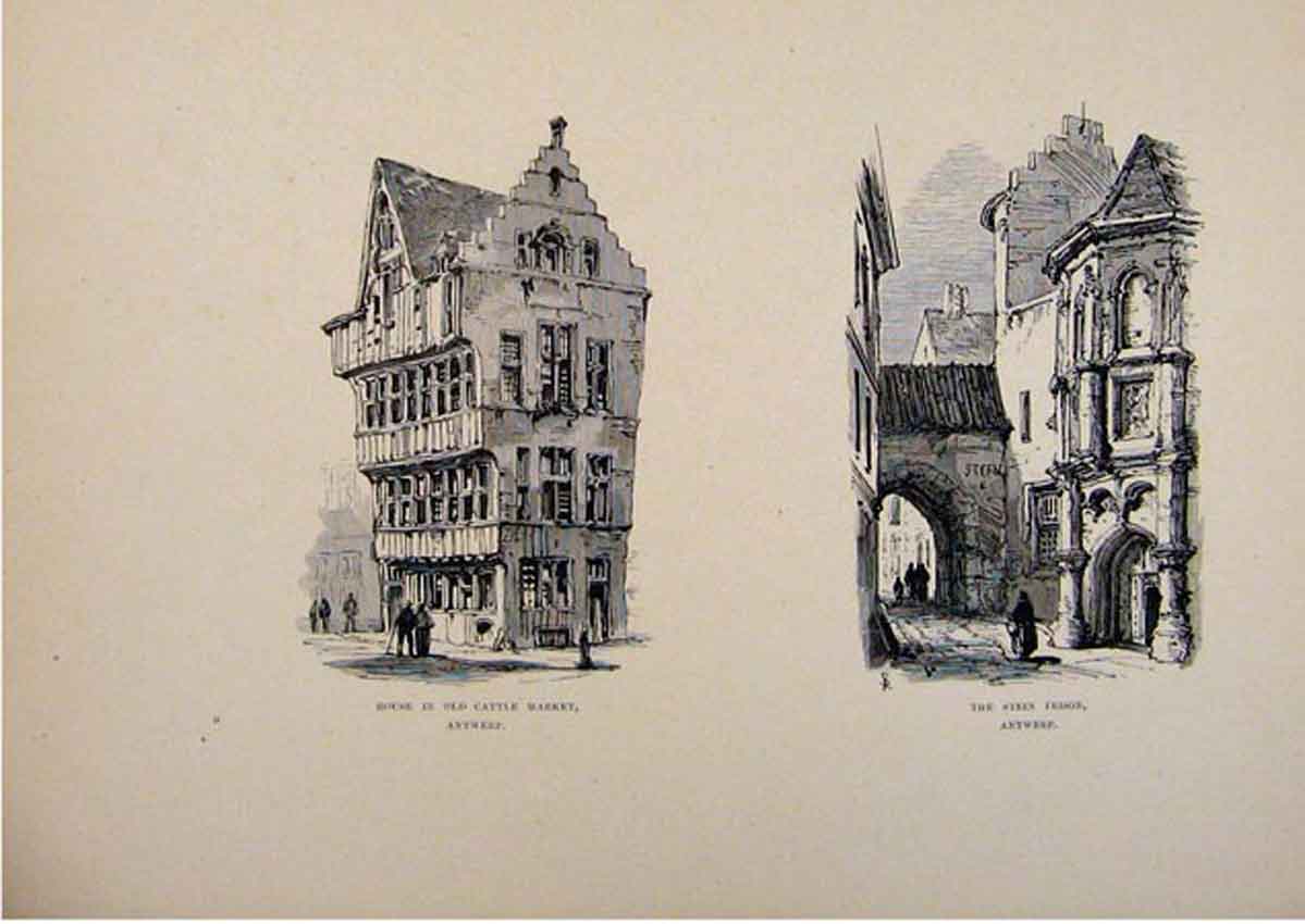 Original Old Antique Print House In Cattle Market Stein Prison Antwerp England