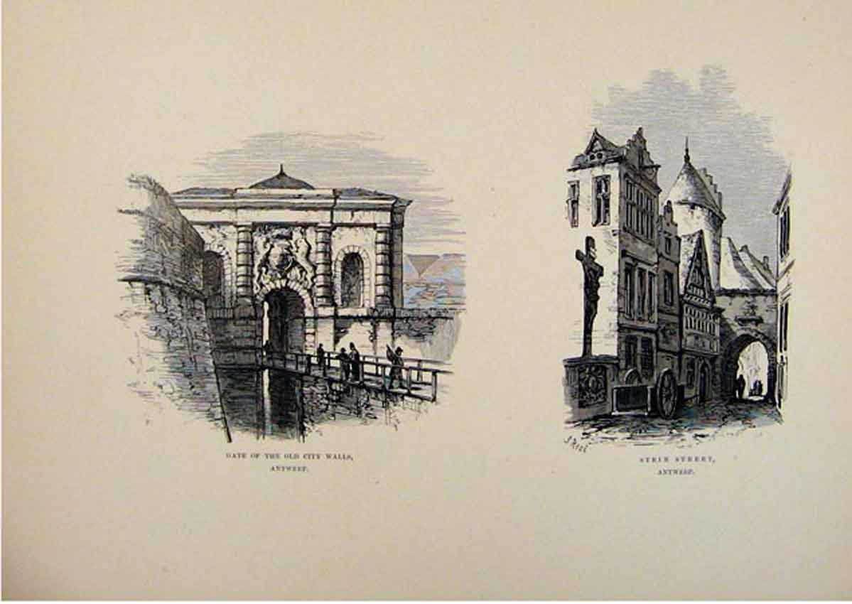 Original Old Antique Print Gate City Walls Stein Street Antwerp C1875 Sketches