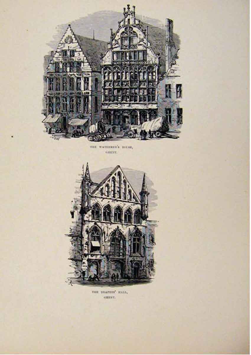 Original Old Antique Print Watermens House Drapers Hall Ghent C1875 Art 19th