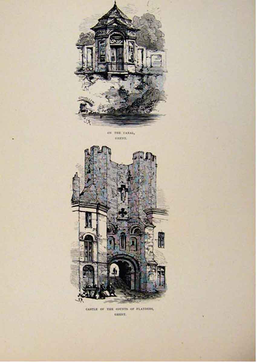 Original Old Antique Print Ghent C1875 On The Canal Castle Counts Flanders Art
