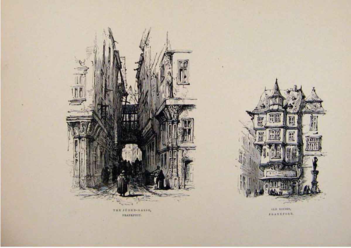 Original Old Antique Print Frankfort Juden Gasse Houses C1875 Sketches Victorian