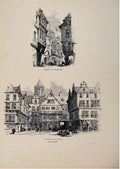 Original Old Antique Print Street In Frankfort Market Place C1875 Sketches 19th