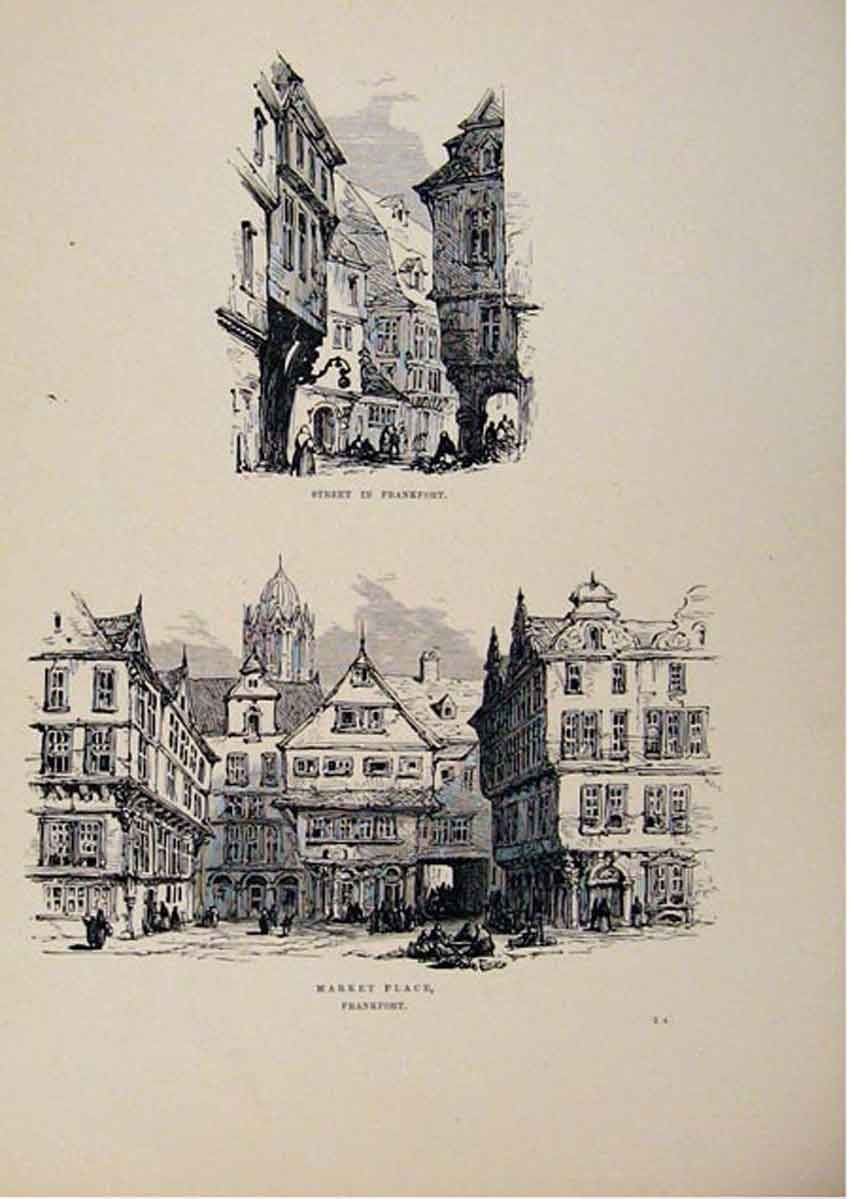 Original Old Antique Print Street In Frankfort Market Place C1875 Sketches 19th