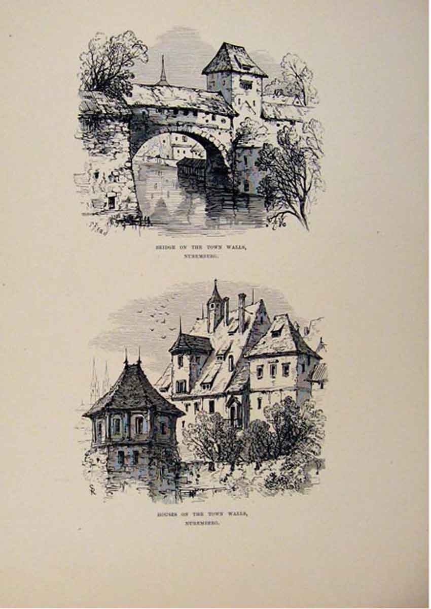 Original Old Antique Print Bridge Houses On Town Walls Germany Nuremberg C1875