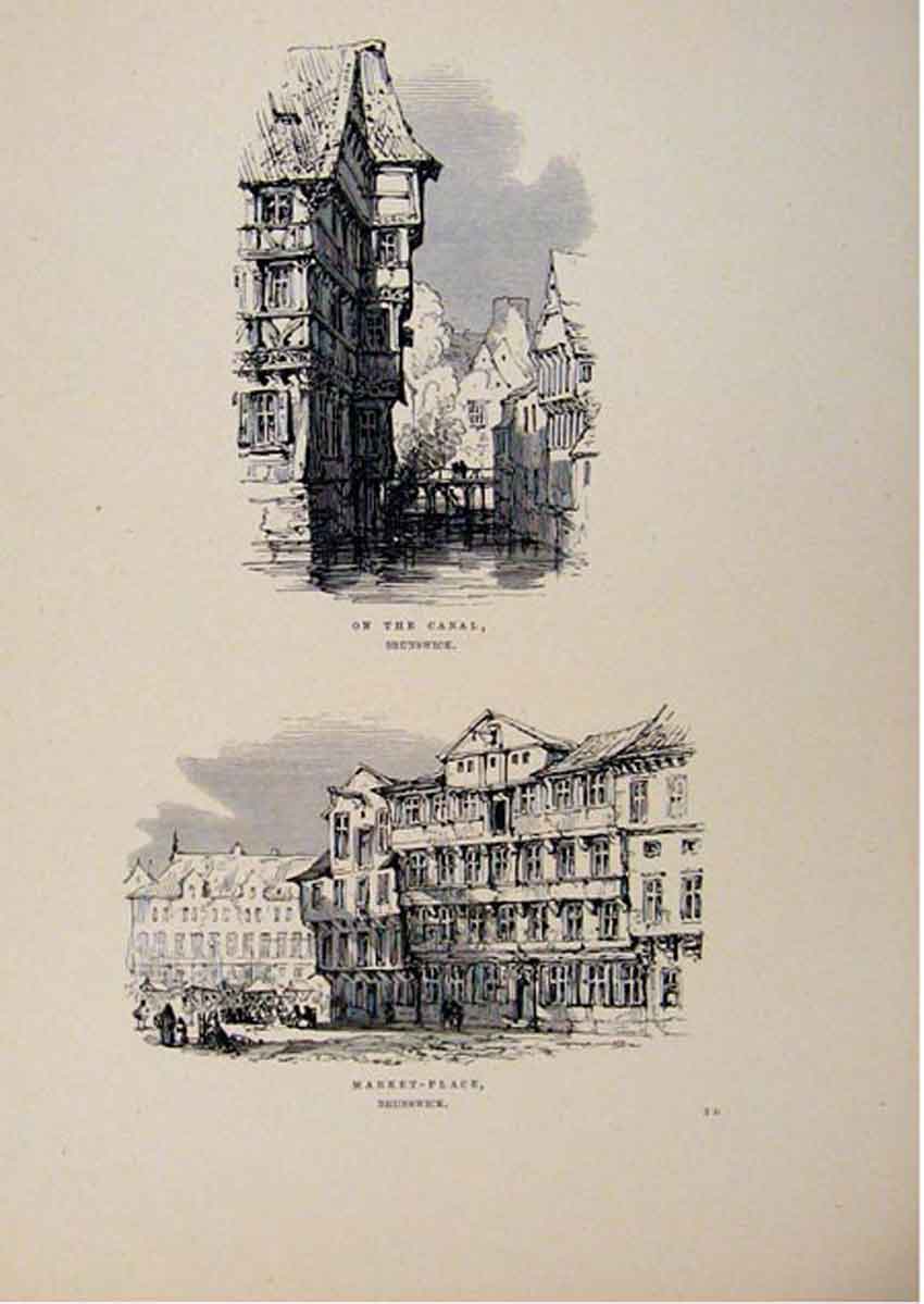 Original Old Antique Print On The Canal Brunswick Market Place Germany C1875 Art
