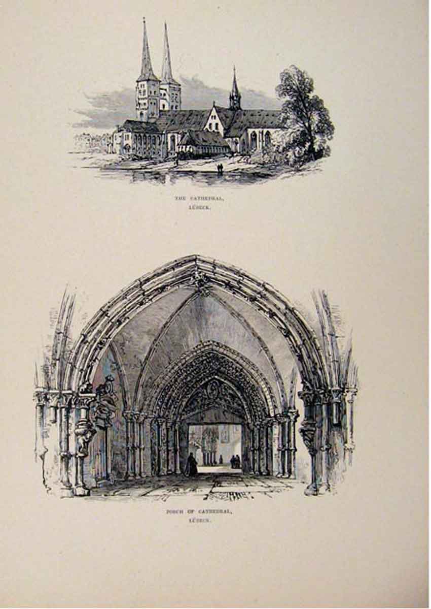 Original Old Antique Print Cathedral Porch Lubeck Germancy C1875 Sketch 19th