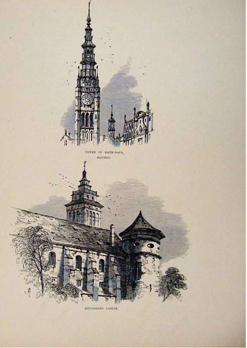 Old Antique Print Tower Bath Haus Bantxic Konigsberg Castle Germany C1875 19th