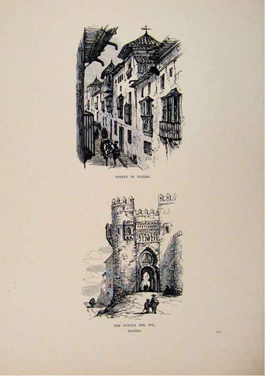 Original Old Antique Print Street In Toledo Puerta Del Sol Spain Sketch
