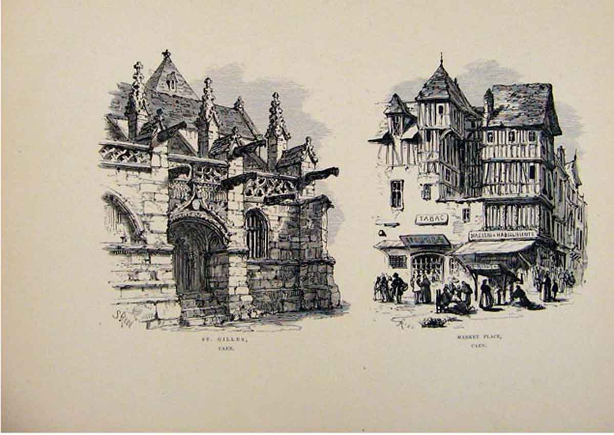 Original Old Antique Print St Gilles Market Place Caen France C1875 Art 19th