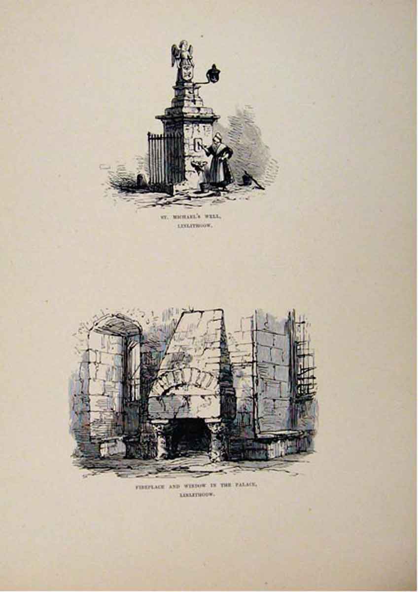 Original Old Antique Print St Michaels Well Fireplace Window Palace Linlithgow