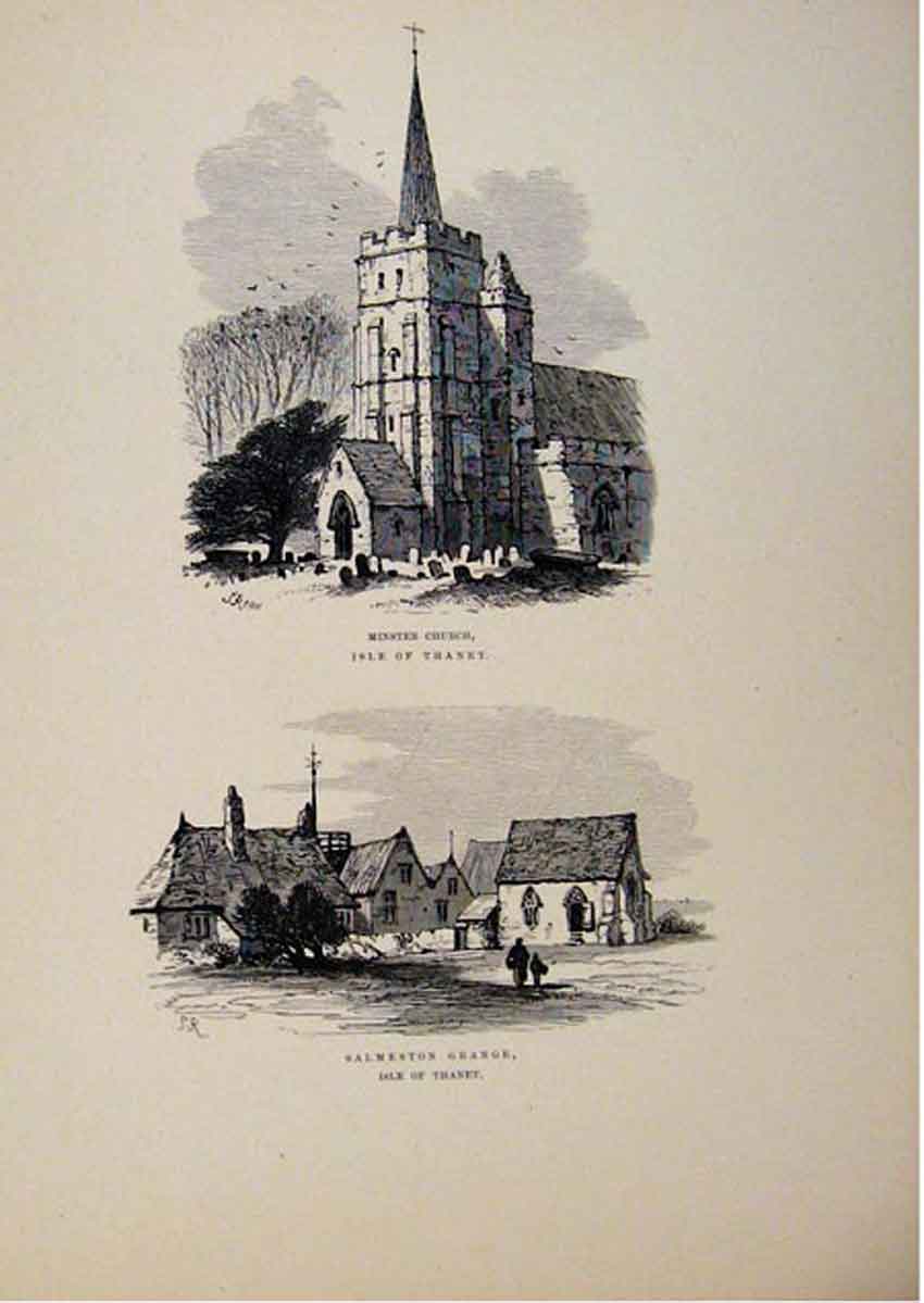 Original Old Antique Print Minster Church Salmeston Grange Isle Thanet Sketch