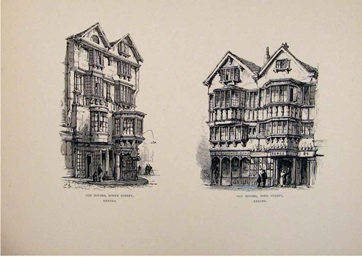 Original Old Antique Print Houses North Fore Street Exeter England C1875 19th