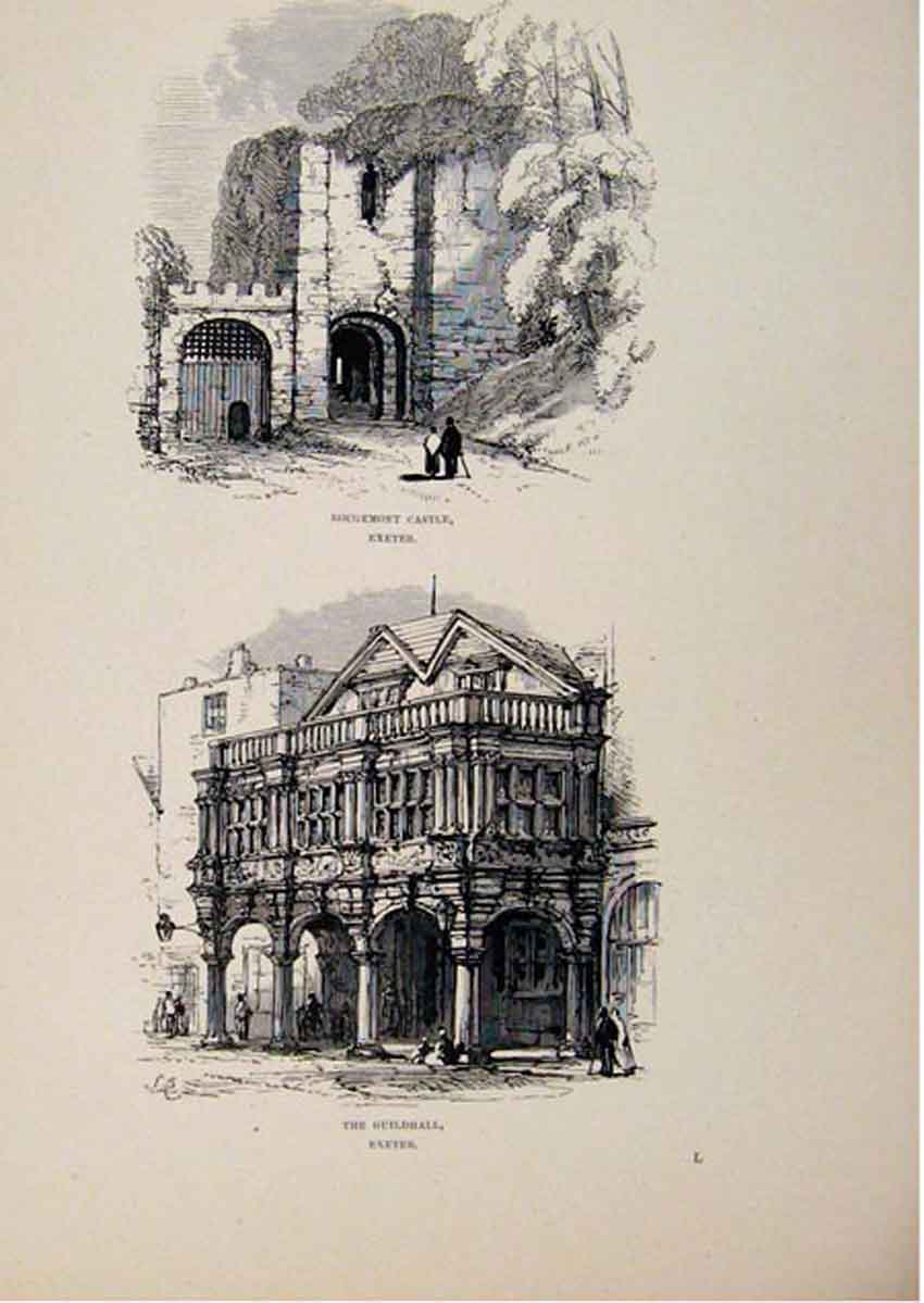 Original Old Antique Print Bougemont Castle Guildhall Exeter England C1875 19th