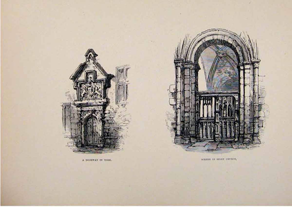 Original Old Antique Print Doorway Screen Selby Church York England C1875 Sketch