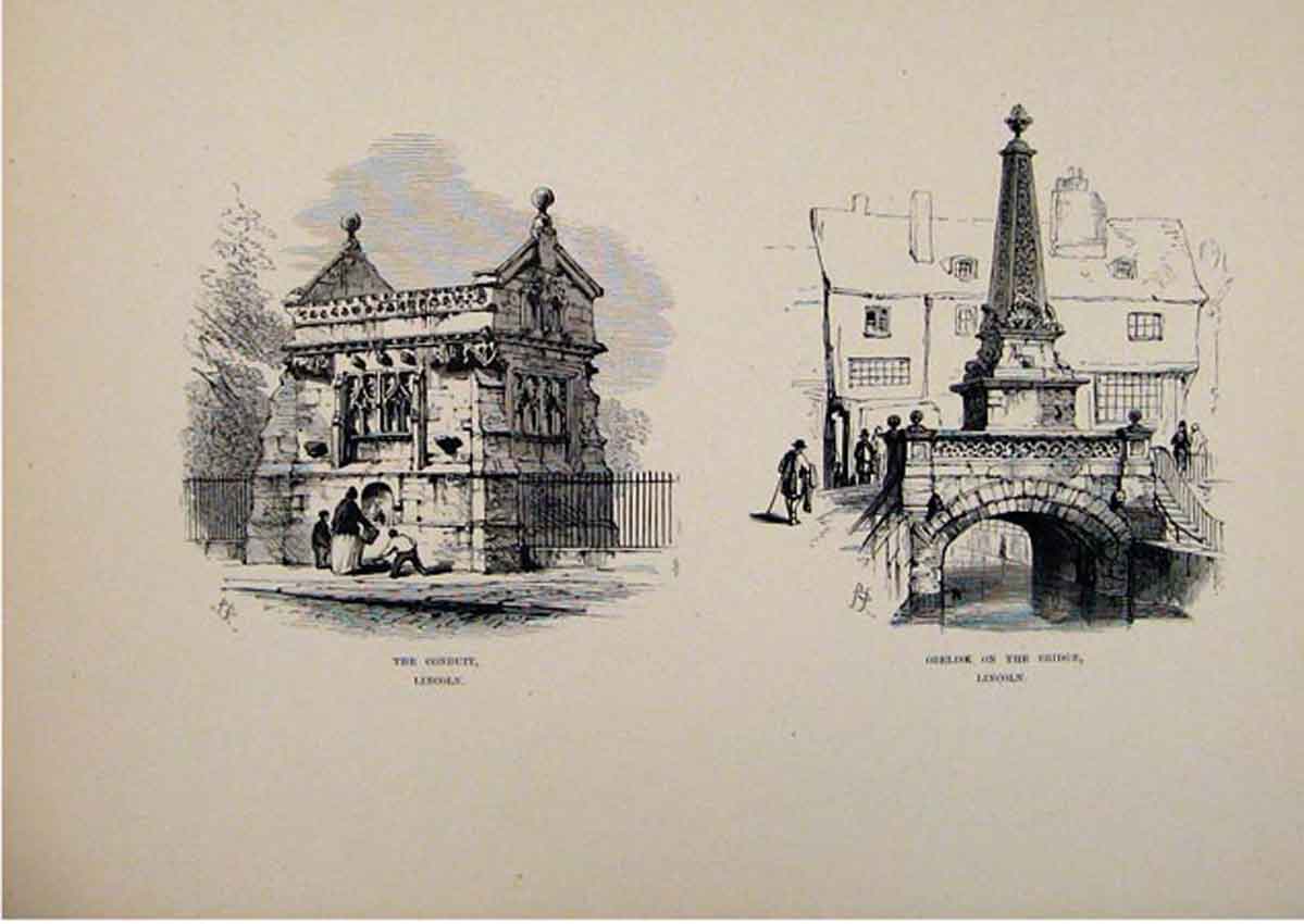 Original Old Antique Print Conduit Obelisk On Bridge Lincoln England C1875 19th