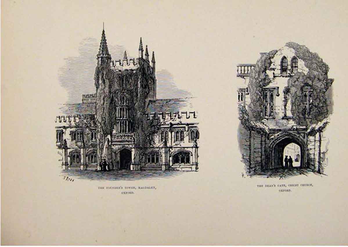 Old Antique Print Founders Tower Magdalen Deans Gate Christ Church Oxford