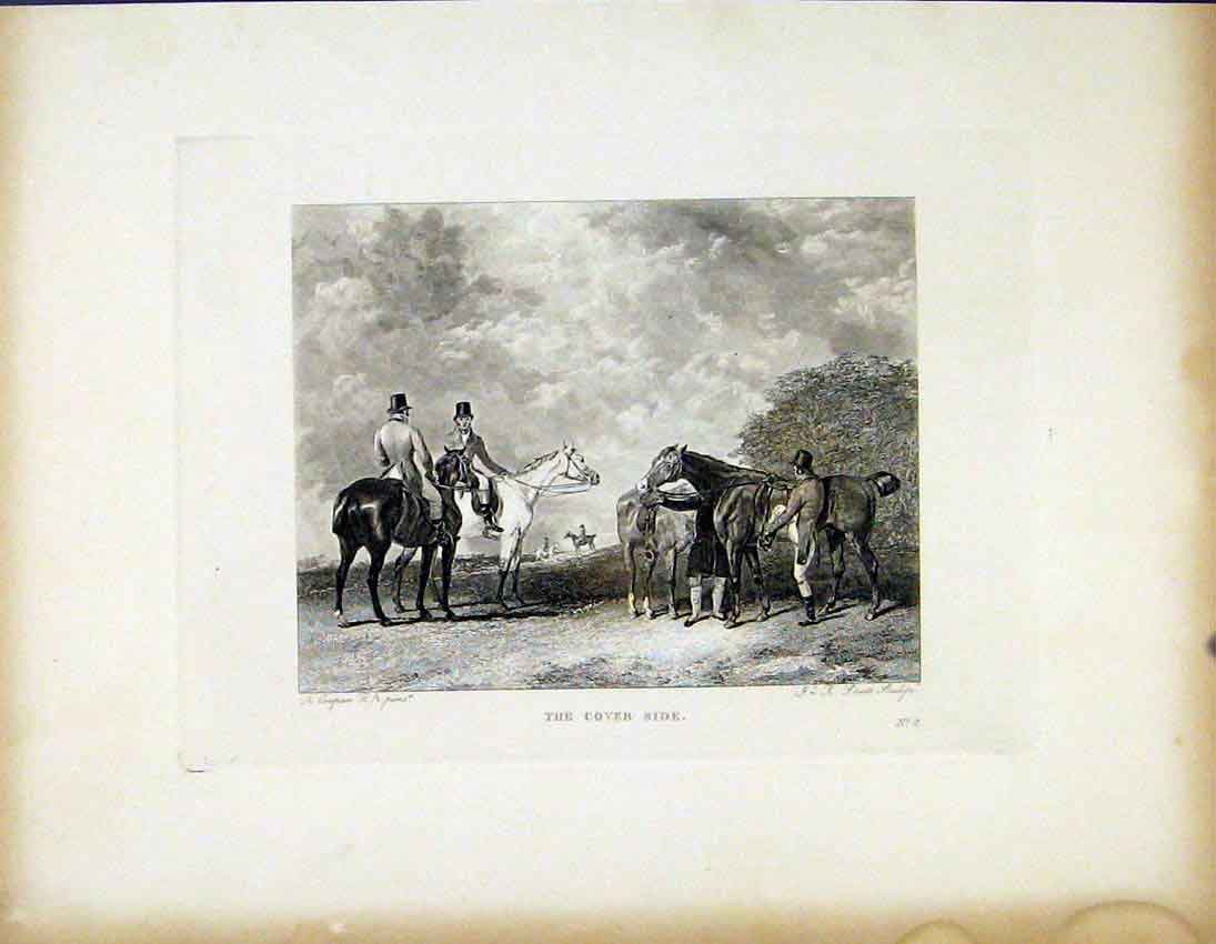 Original Old Antique Print The Cover Side C1843 Horse Riders Art 19th