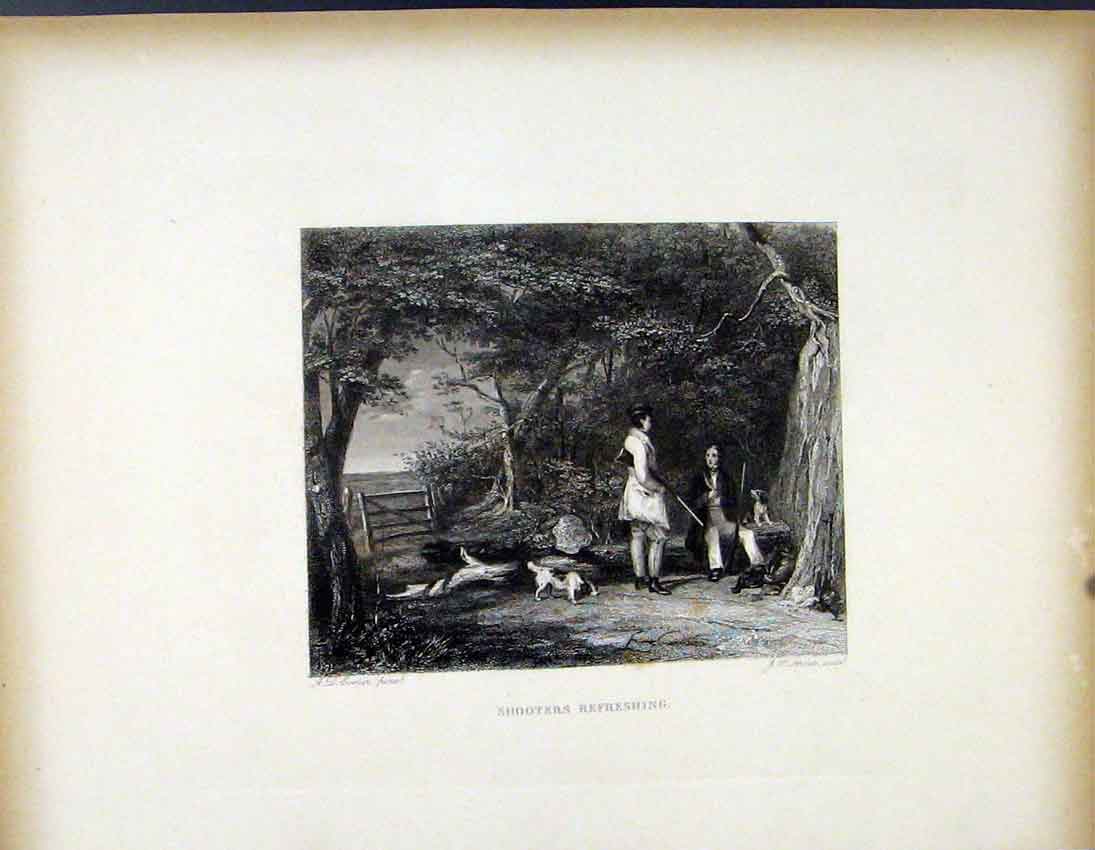 Original Old Antique Print Shooters Refreshing C1843 Hunters Resting Victorian