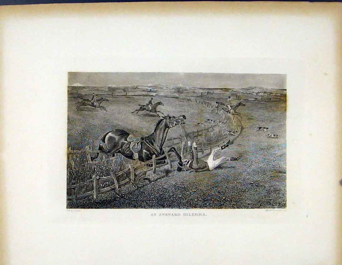 Original Old Antique Print Awkward Dilemma C1843 Horse Jumping Fence Victorian