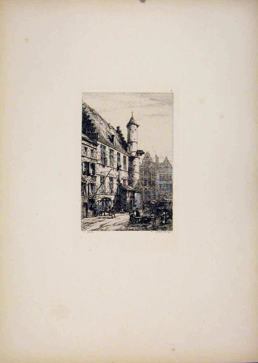 Original Old Antique Print House Alva Ghent Belgium Etching C1877 19th