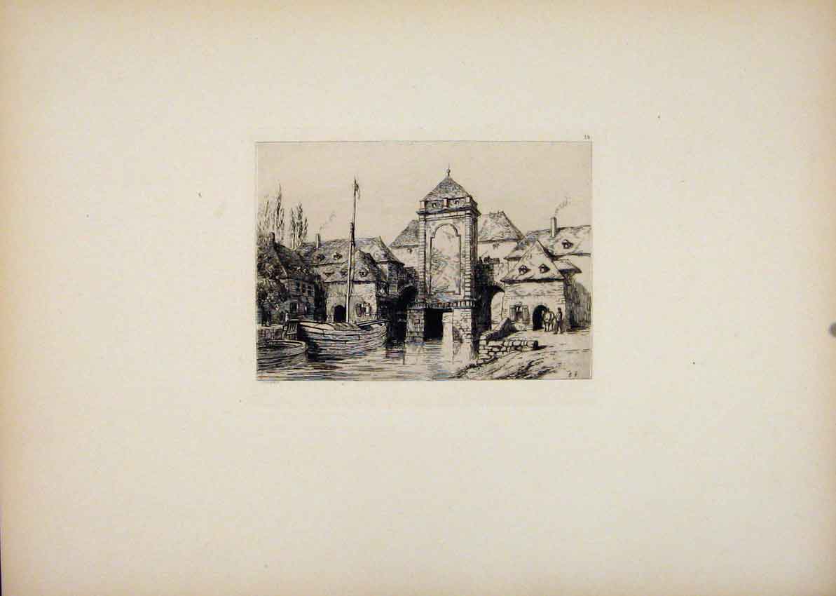 Original Old Antique Print Tournai Bridge Water Gate Belgium C1877 Etching 19th
