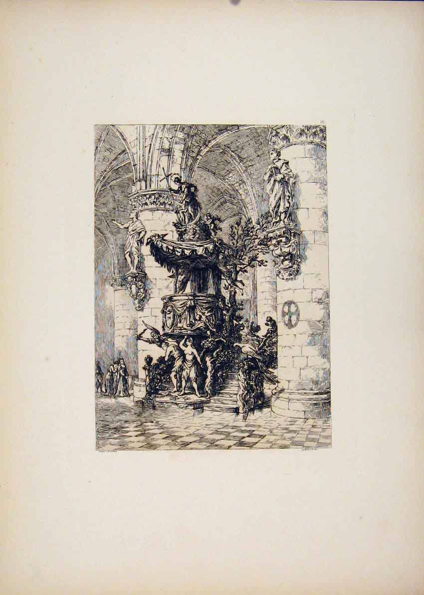 Old Antique Print St Gudule Carved Pulpit Burssels Etching C1877 Belgium 19th