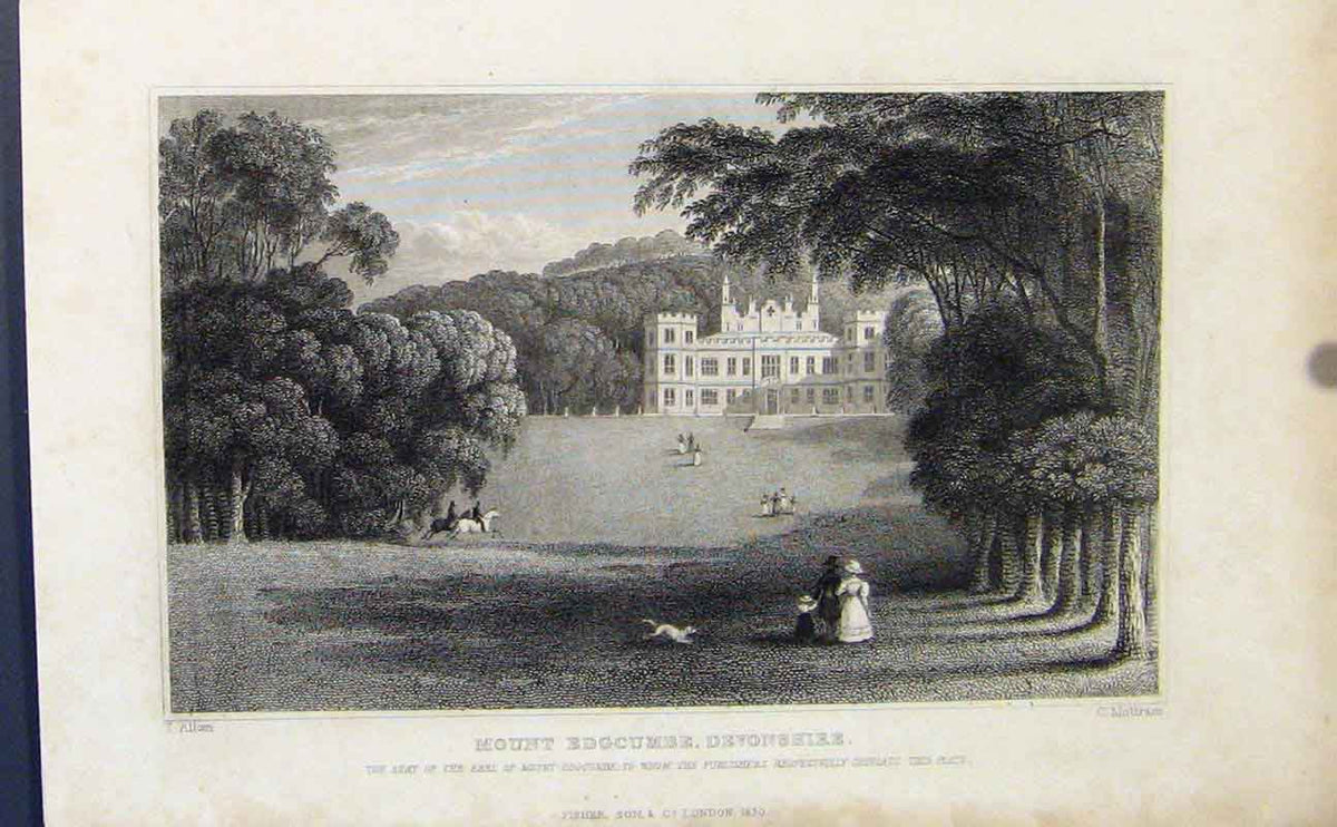 Original Old Antique Print Mount Edgcumbe Devonshire England C1849 Victorian