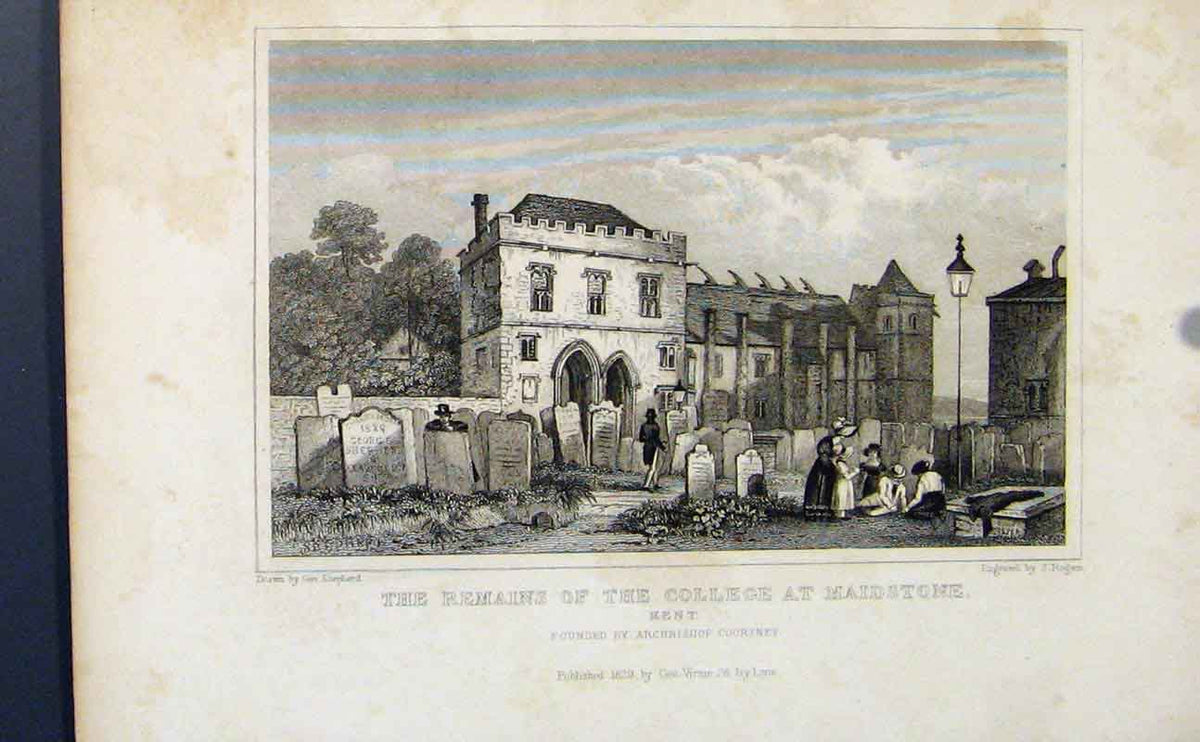 Original Old Antique Print Remains College Maidstone Kent C1849 Art Victorian