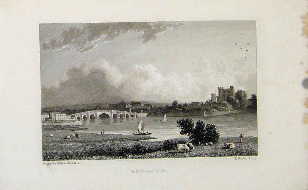 Original Old Antique Print Rochester Castle Bridge C1849 England Art Victorian