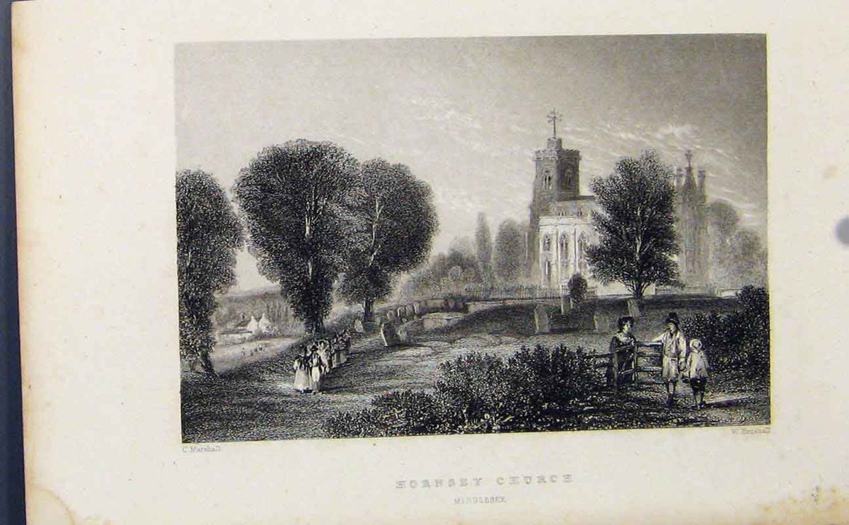 Original Old Antique Print Hornsey Curch Middlesex C1849 England 19th