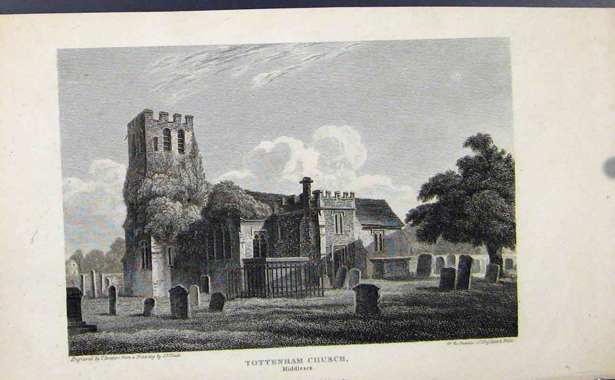 Original Old Antique Print Tottenham Church C1849 Fine Art 19th