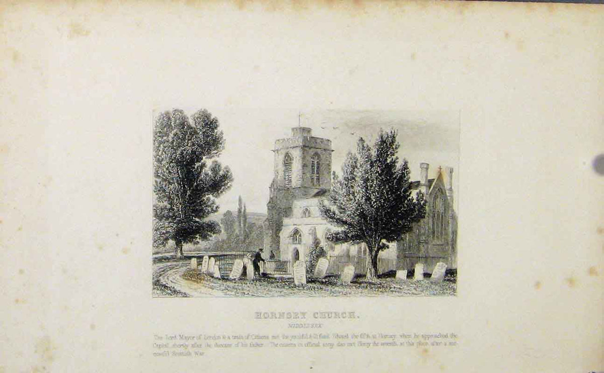 Original Old Antique Print C1849 Hornsey Church Middlesex Fine Art Victorian