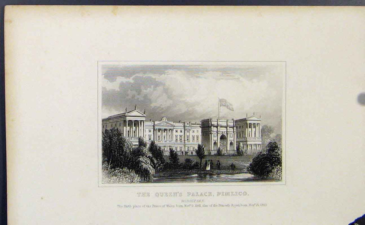 Original Old Antique Print Queens Palace Pimlico London Fine Art C1849 Victorian